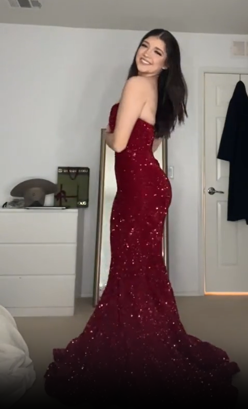 Sexy Mermaid Red Sheath Strapless Sequined Floor Length Prom Dresses TP1721