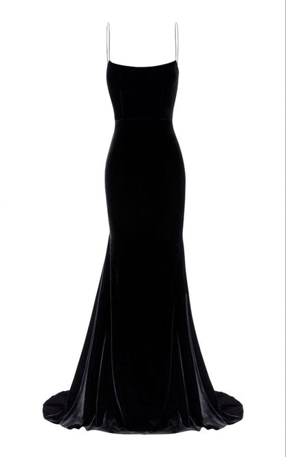 Black Velvet Mermaid Spaghetti Strap Simple Long Prom Dresses TP1727