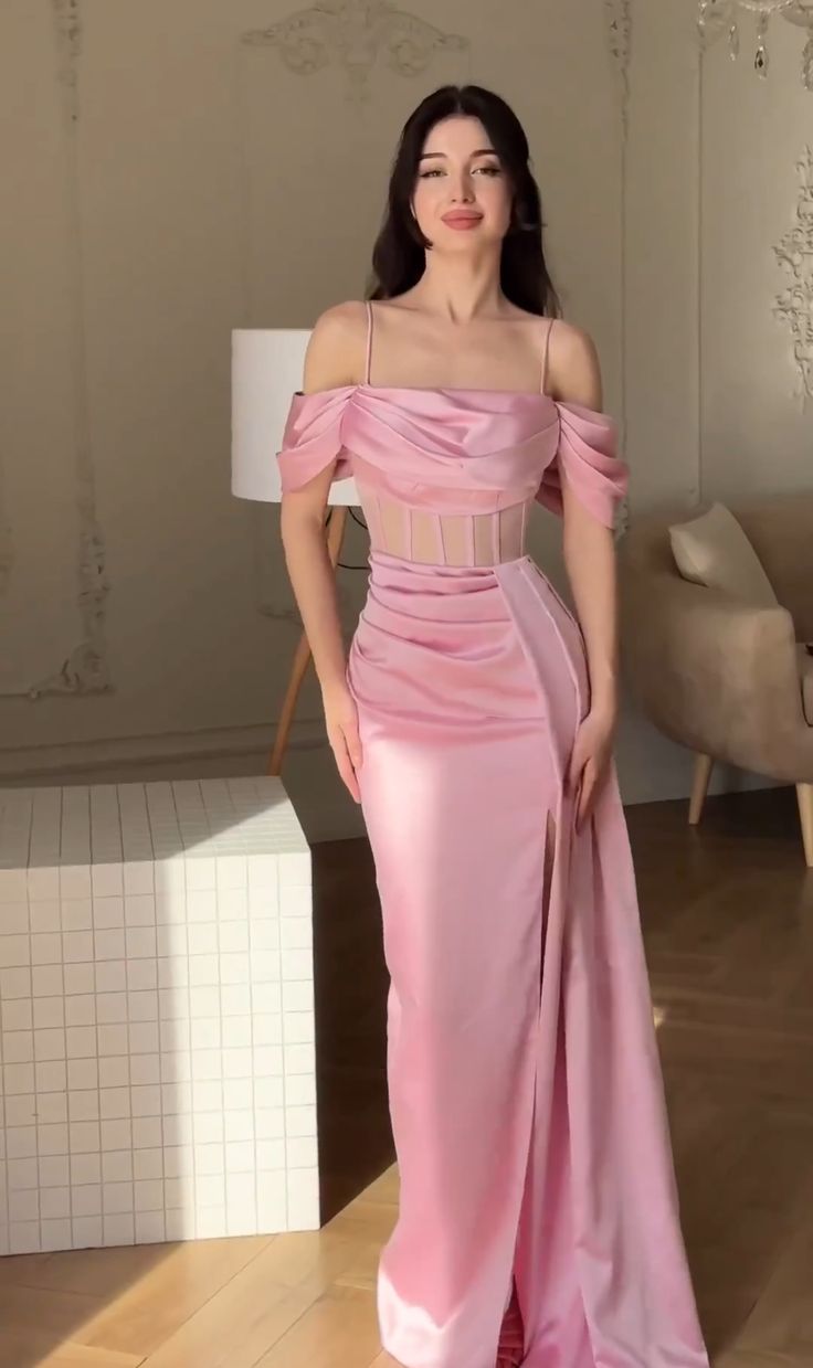 Simple Pink Mermaid Off-the-shoulder Satin High Slit Long Ball Gown TP1744