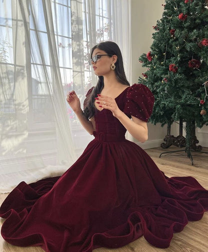 Burgundy Velvet V-Neck Short Puff Sleeve A-Line Floor Length TP1749