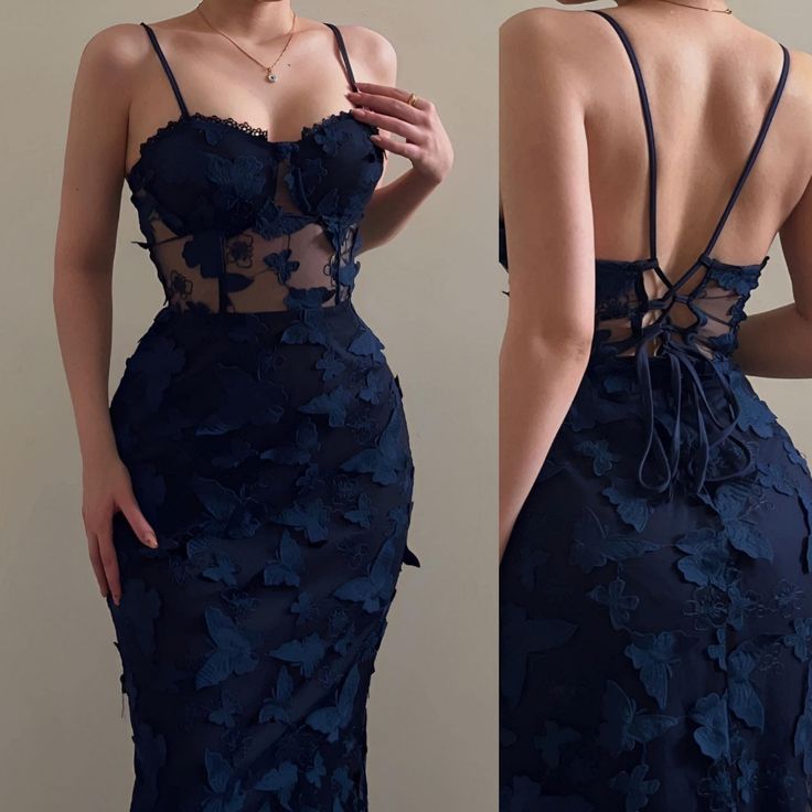 Vintage Mermaid Navy Spaghetti Strap Lace Ballgown TP1752