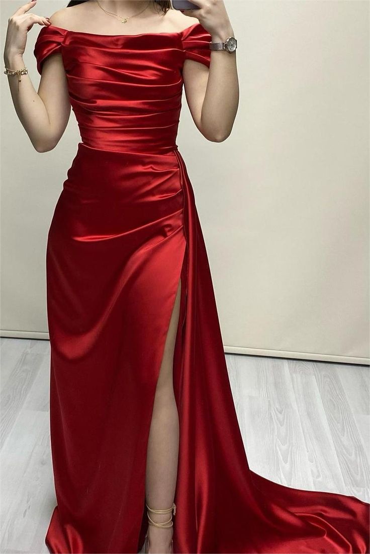 Red Elegant Off-the-shoulder Satin Slit Evening Dress TP1753