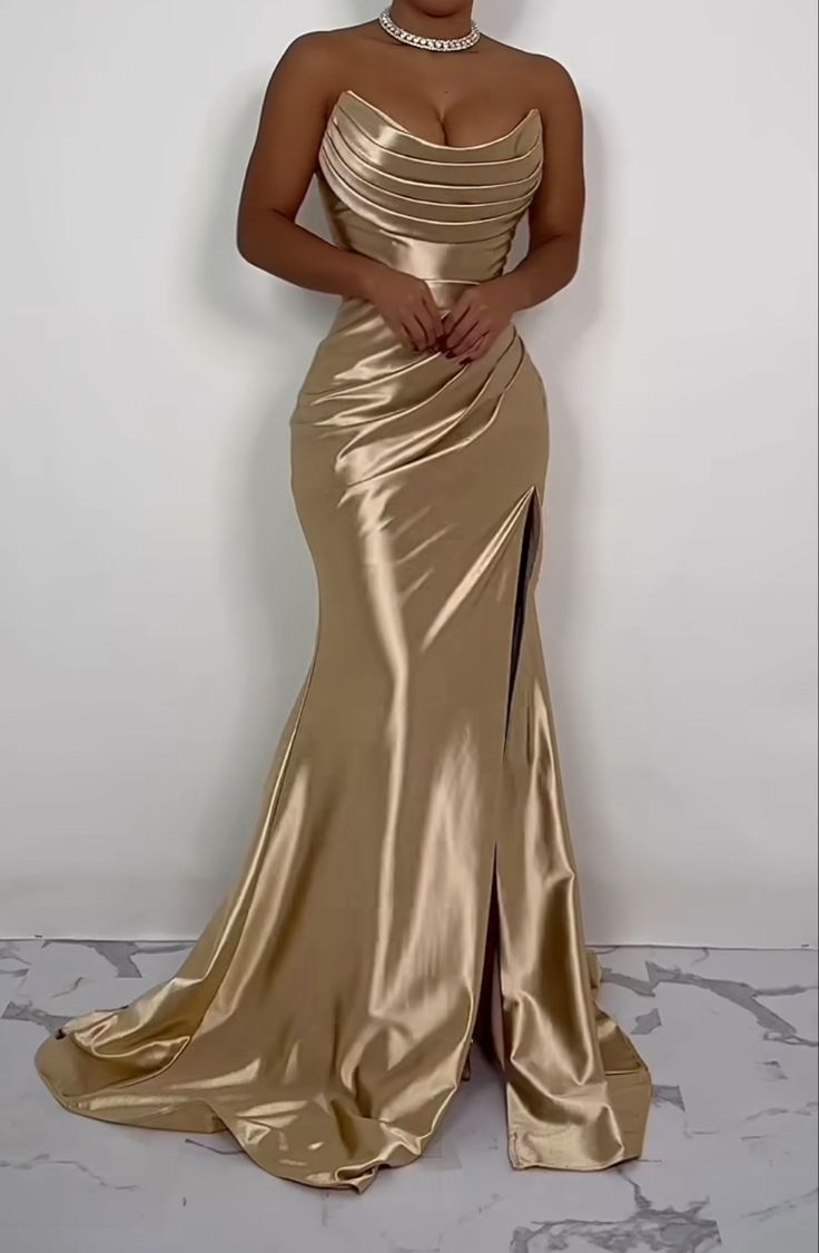 Champagne Mermaid Strapless Satin Slit Long Evening Dress TP1760