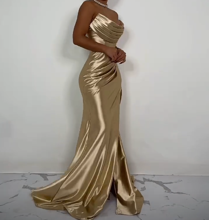 Champagne Mermaid Strapless Satin Slit Long Evening Dress TP1760