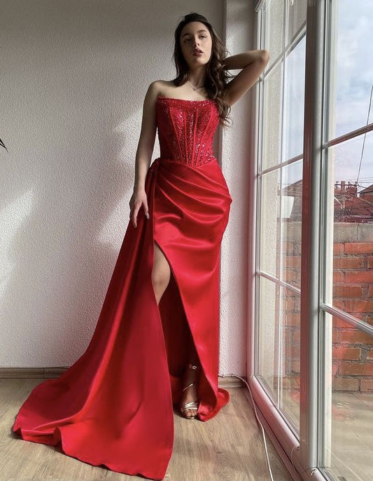 Red A-line strapless sequined satin slit long evening dress TP1769