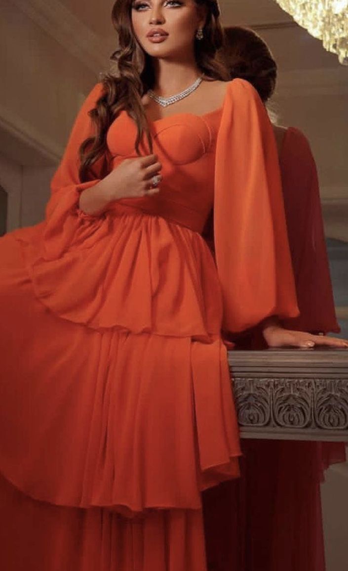 Orange A-line Long Sleeve Layered Tulle Maxi Ball Gown Evening Dress TP1788