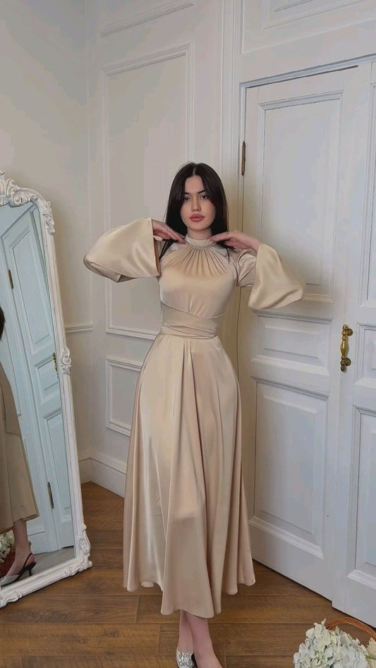 Soft satin champagne long-sleeved high-neck tea dress TP1797