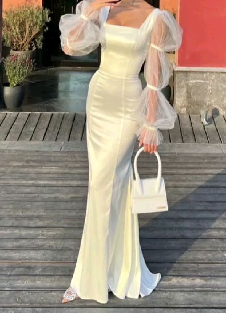 Ivory White Mermaid Long Sleeve Satin Long Ball Gown Evening Dress TP1801