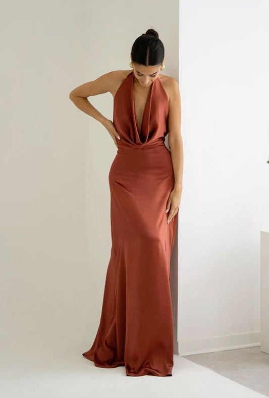 Brown Mermaid Off Shoulder Deep V Neck Satin Long Formal Gown Evening Dress TP1803