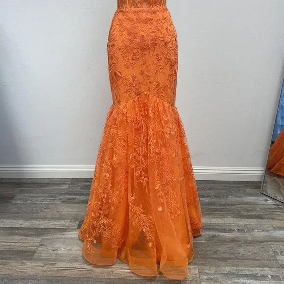 Long Orange Formal Sleeveless Lace Mermaid Gown TP1809