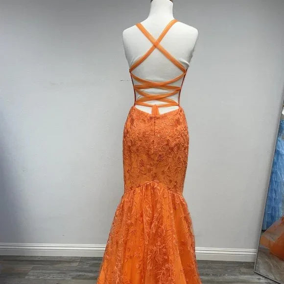 Long Orange Formal Sleeveless Lace Mermaid Gown TP1809