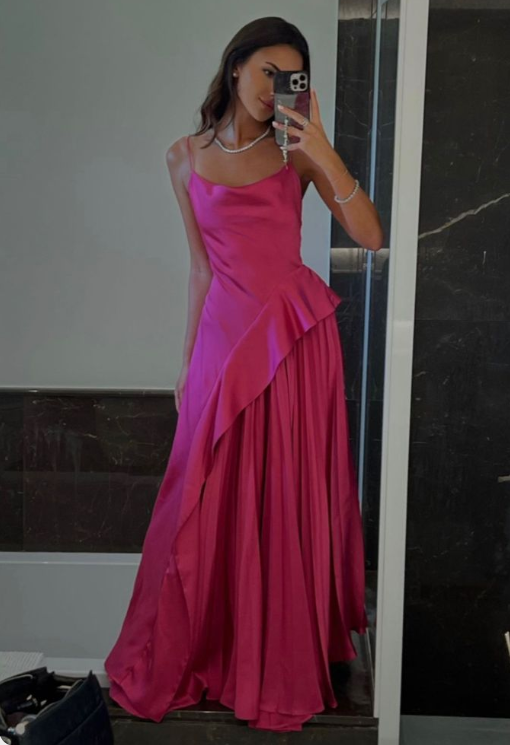 Soft Bright Pink Satin A-Line Spaghetti Strap Long Ball Gown TP1812