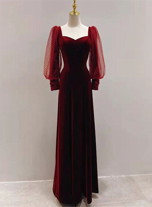 Burgundy A-line velvet long sleeves ball gown evening dress TP1813