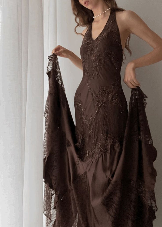 Brown halterneck A-line sleeveless lace long evening dress TP1814