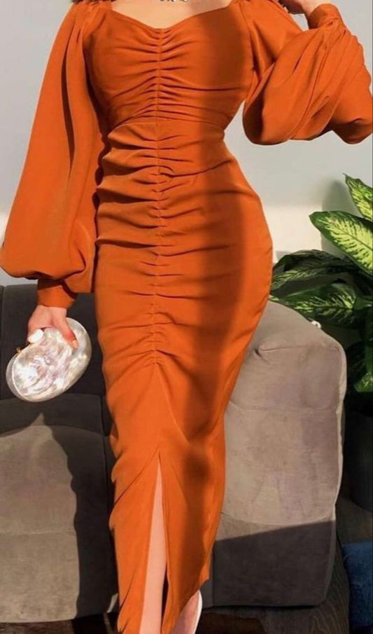 Orange Mermaid Bodycon Long Sleeve Pleated Slit Ankle Length Evening Dress TP1843