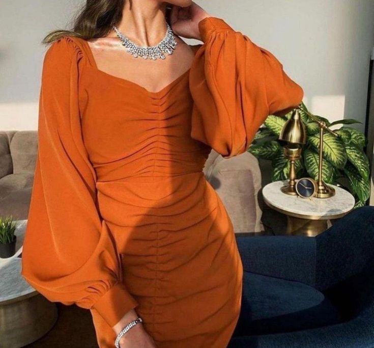 Orange Mermaid Bodycon Long Sleeve Pleated Slit Ankle Length Evening Dress TP1843