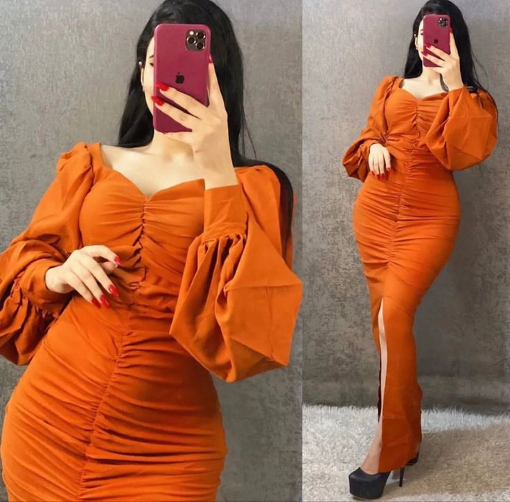 Orange Mermaid Bodycon Long Sleeve Pleated Slit Ankle Length Evening Dress TP1843