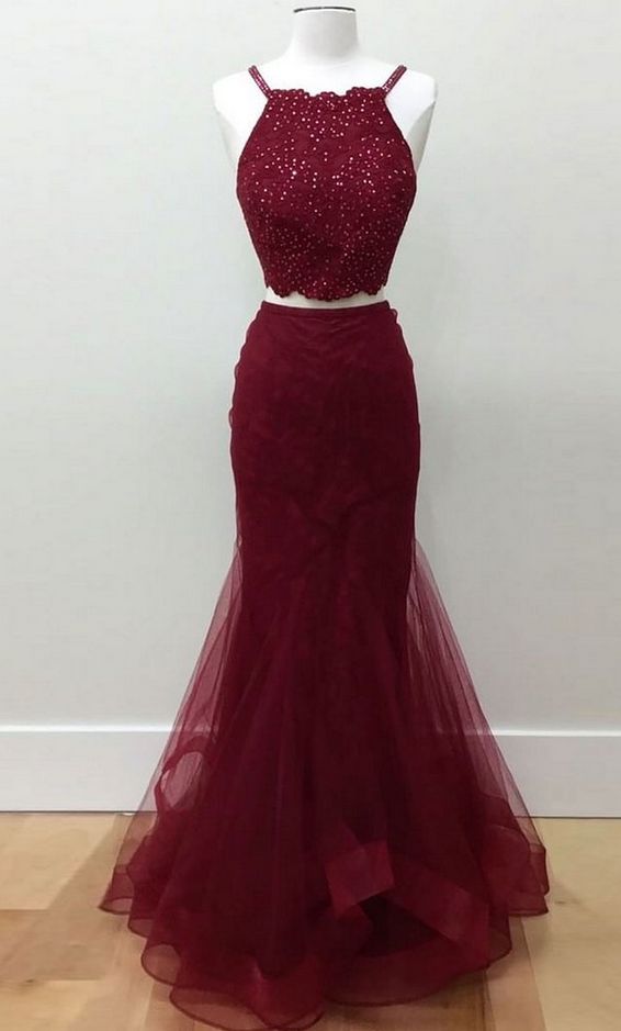 Burgundy Two-Piece Sleeveless Beaded Tulle Ball Gown TP1847