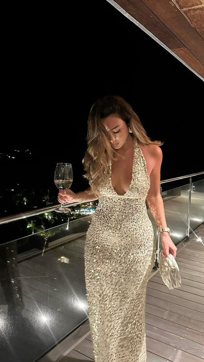 Champagne Mermaid Off-shoulder Halter Neck Deep V-neck Sequined Evening Dress Ball Gown TP1859