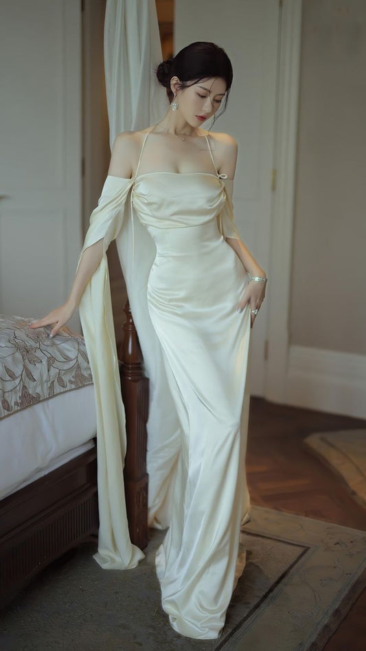 Ivory A-line Off-the-shoulder Long Sleeve Satin Backless Wedding Dress TP1860