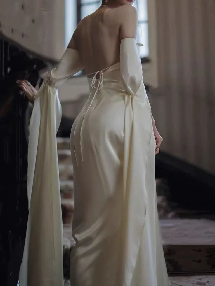 Ivory A-line Off-the-shoulder Long Sleeve Satin Backless Wedding Dress TP1860