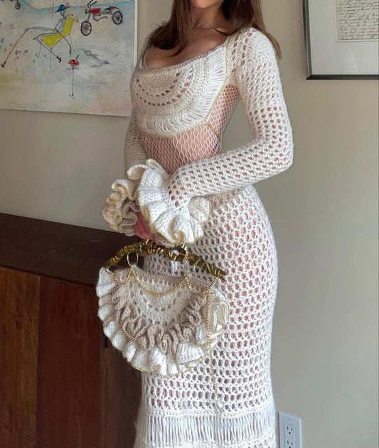 Sexy White Mermaid Long Sleeve Hollow Knit Ankle-Length Evening Gown Ball Gown TP1864