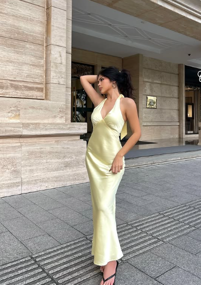 Sexy Yellow Satin Mermaid Off-the-shoulder Halter Neck Prom Party Dress TP1878