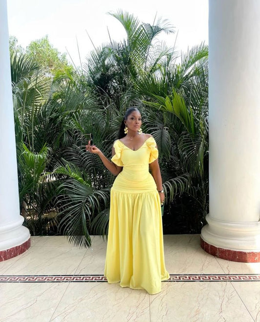 Chic Yellow A-line Spaghetti Strap Off-the-shoulder Long Ball Gown Evening Dress TP1884