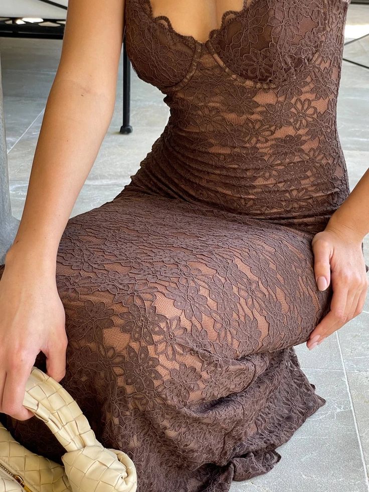 Sexy Brown Mermaid Lace Spaghetti Strap Ball Gown Evening Dress TP1889