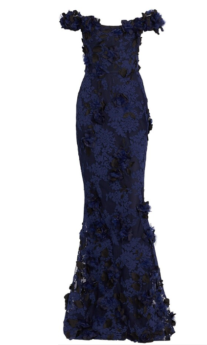 Elegant Navy Blue Mermaid Off Shoulder Lace 3D Flower Floor Length Formal Prom Dress Evening Gown TP1906