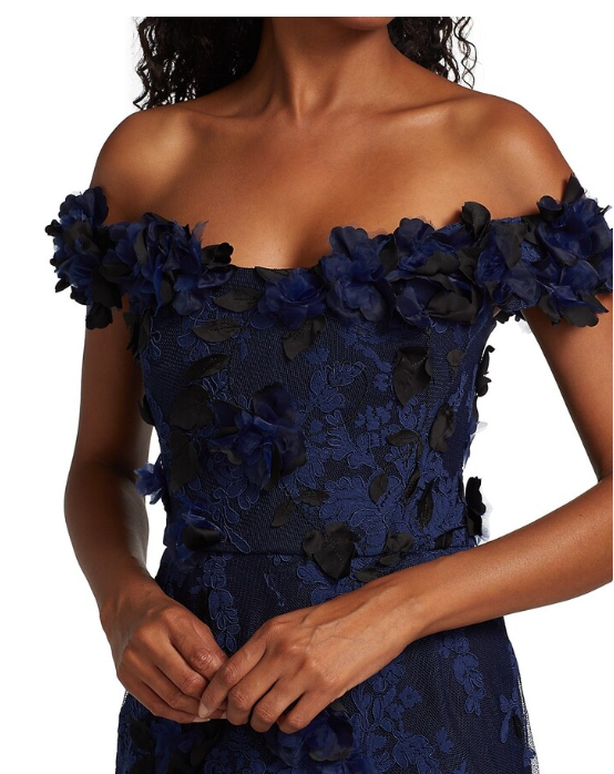 Elegant Navy Blue Mermaid Off Shoulder Lace 3D Flower Floor Length Formal Prom Dress Evening Gown TP1906