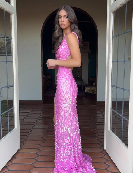 Charming Mermaid Deep V Neck Pink Sequin High Slit Formal Prom Dress Evening Gown TP1907