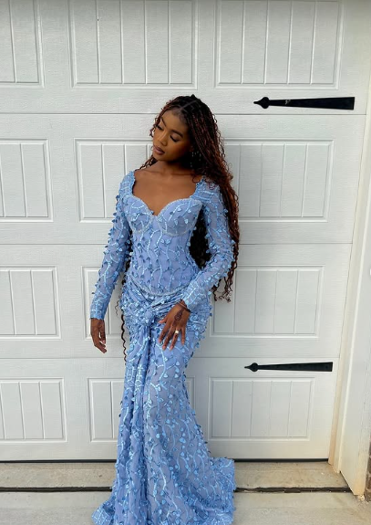 Chic Blue Mermaid Long Sleeve Butterfly Lace Floor-Mounting Ball Gown Evening Dress TP1914