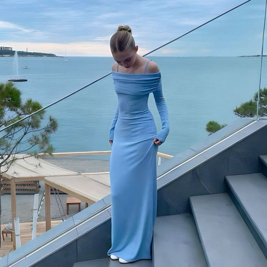 Elegant Off Shoulder Maxi Dress Blue Sexy Bodycon Long Sleeve Party Dress Prom Dress TP2084