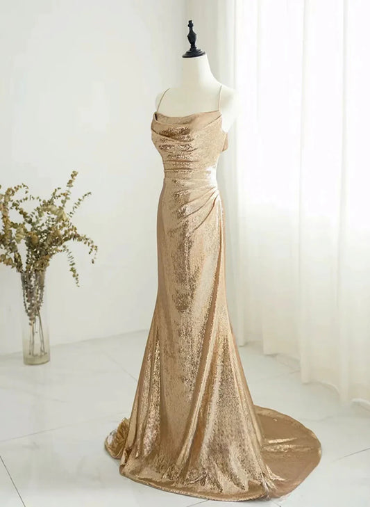 Champagne Sequins Long Prom Dress, Sequins Champagne Formal Dress TP2154