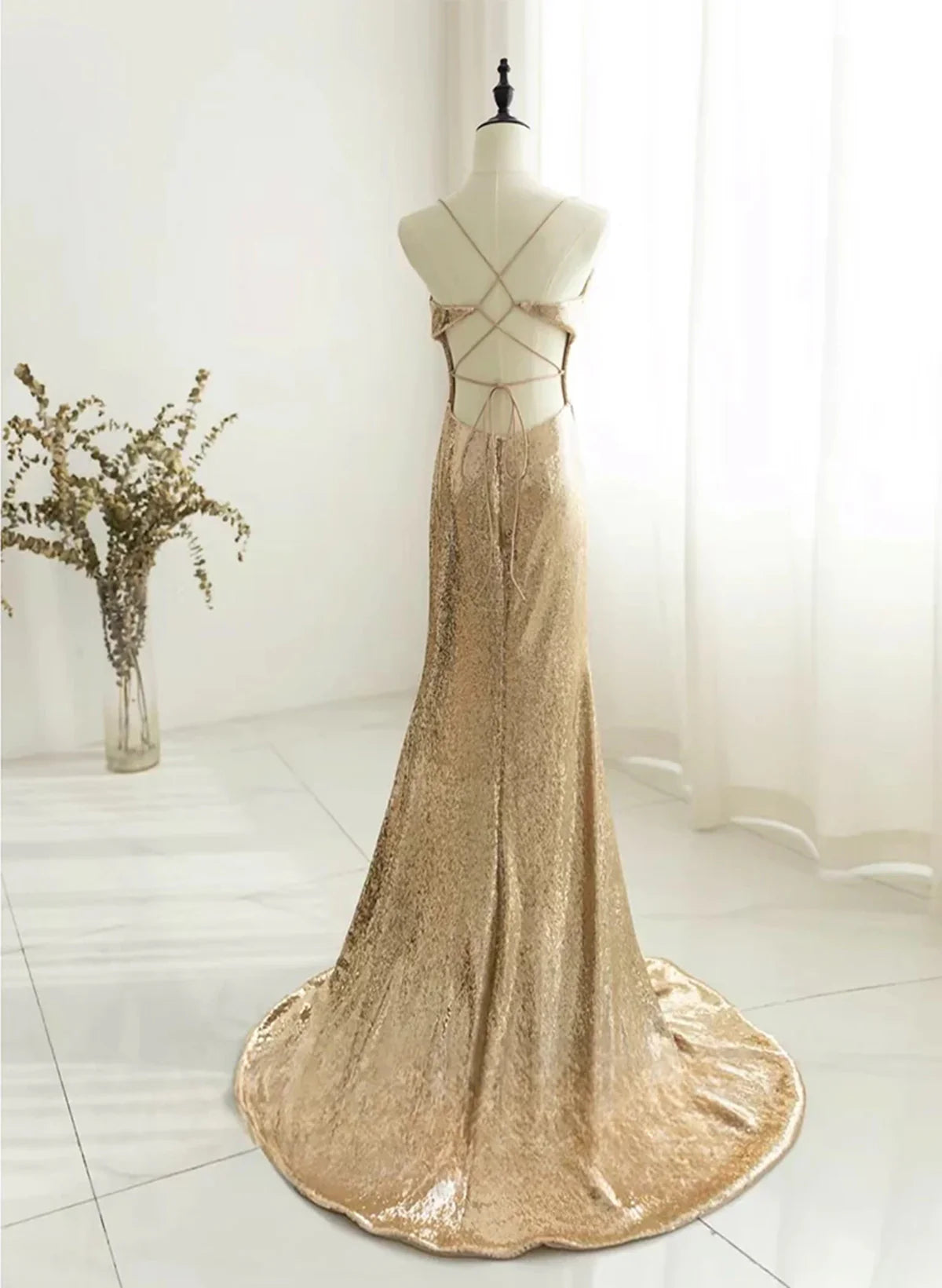 Champagne Sequins Long Prom Dress, Sequins Champagne Formal Dress TP2154