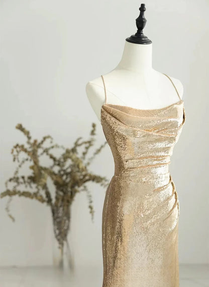 Champagne Sequins Long Prom Dress, Sequins Champagne Formal Dress TP2154