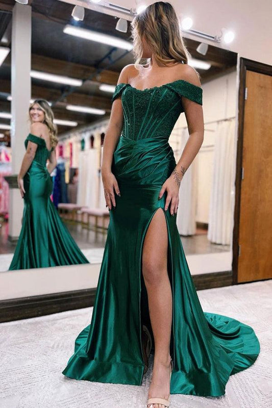 Mermaid Off Shoulder Satin Lace Long Prom Dress, Formal Evening Dress TP36