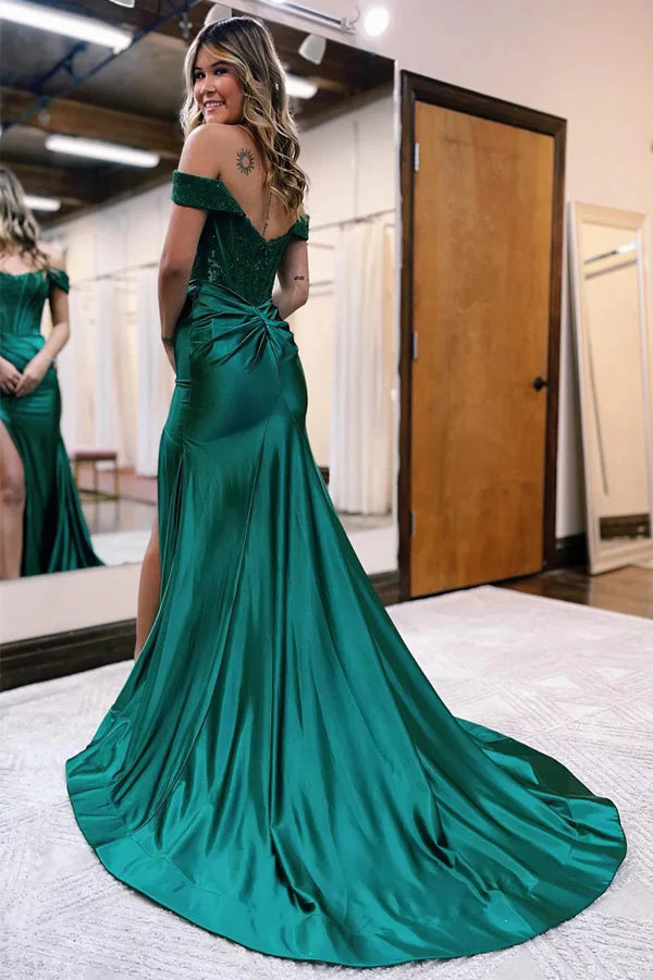 Mermaid Off Shoulder Satin Lace Long Prom Dress, Formal Evening Dress TP36