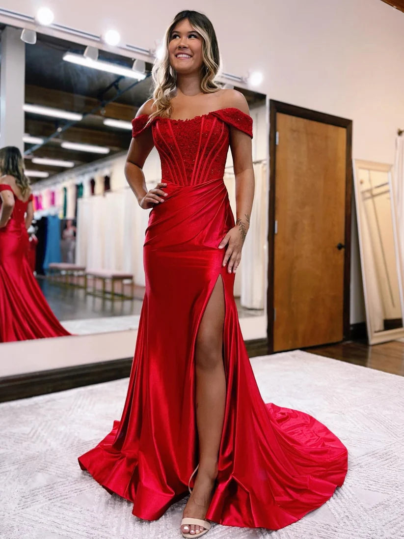 Mermaid Off Shoulder Satin Lace Long Prom Dress, Formal Evening Dress TP36