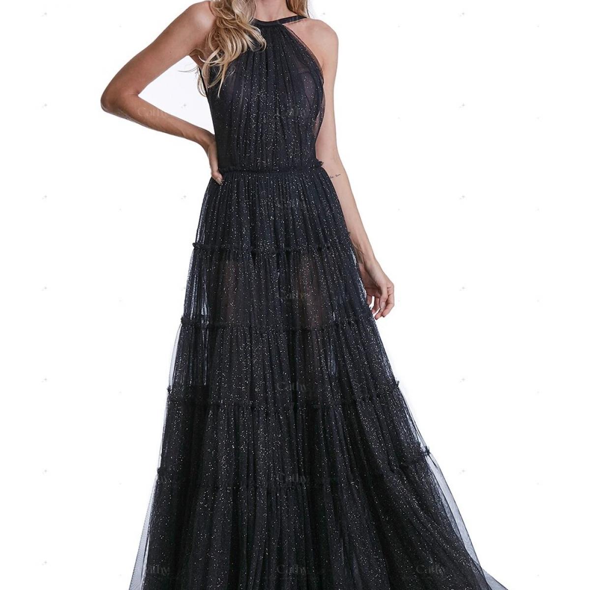 Black A-line tulle long prom dress black tulle formal party dress TP39