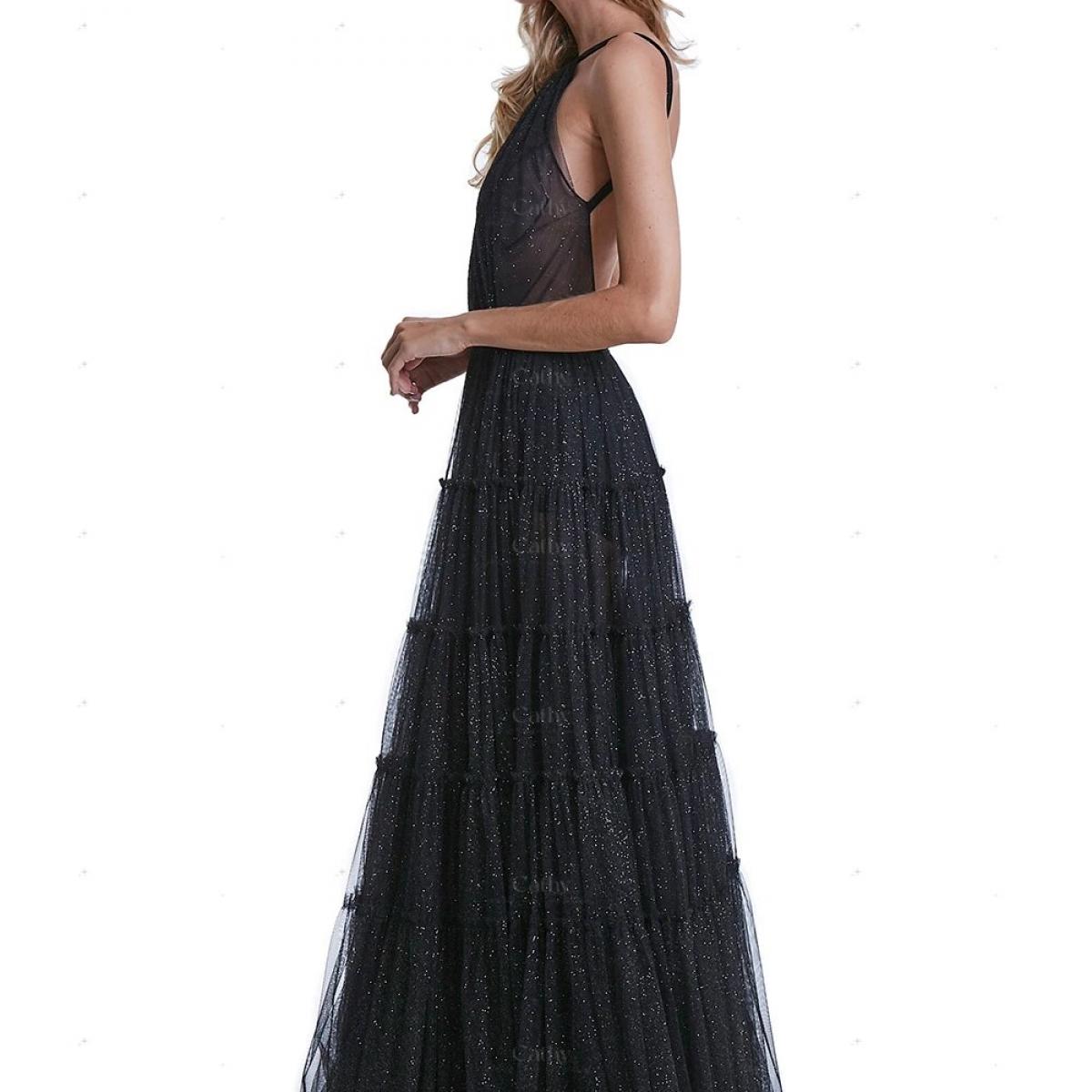 Black A-line tulle long prom dress black tulle formal party dress TP39