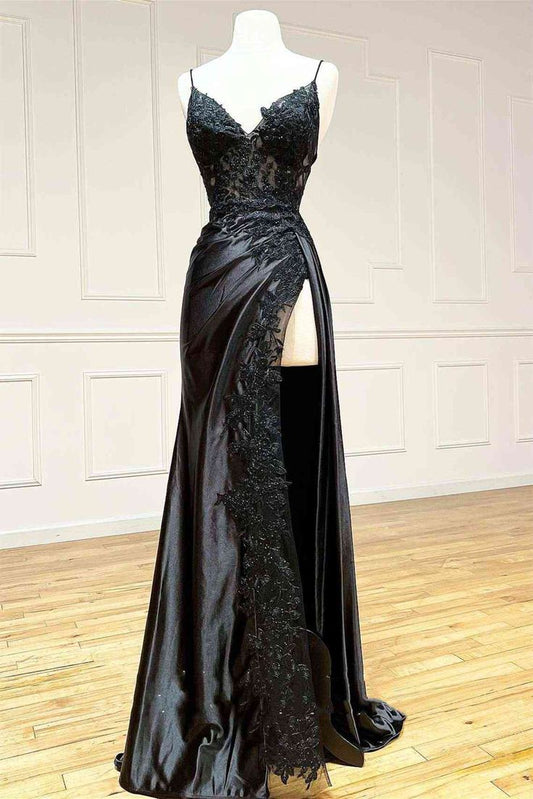 Black Long Appliques Prom Dress with Spaghetti Straps Tp04