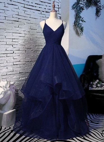 Beautiful Navy Blue Tulle V-neckline Straps Long Party Dress, Blue Formal Gown Tp02