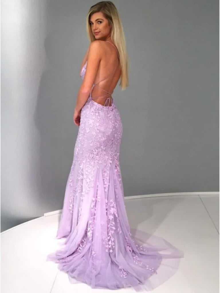 Unique Backless Mermaid Lavender Spaghetti Straps Lace Prom Dress with Appliques, Mermaid Purple Lace Formal Evening Dress TP17