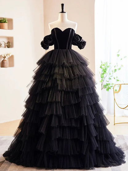 Black Velvet and Tulle Long Prom Dress, A-Line Off the Shoulder Formal Evening Dress TP94