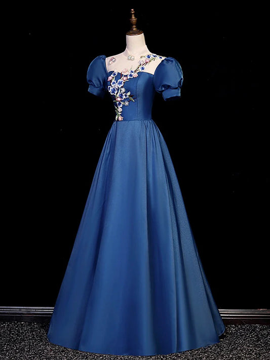 Elegant Blue Tulle Lace Long Prom Dress, Blue High Neck A-Line Evening Dress  TP90