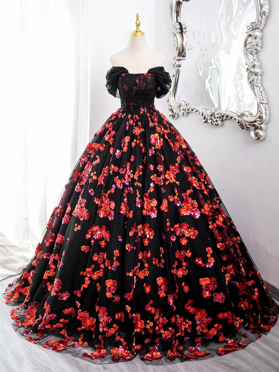 Black Tulle and Red Sequins Long Formal Gown, Off the Shoulder Evening Party Dress TP99