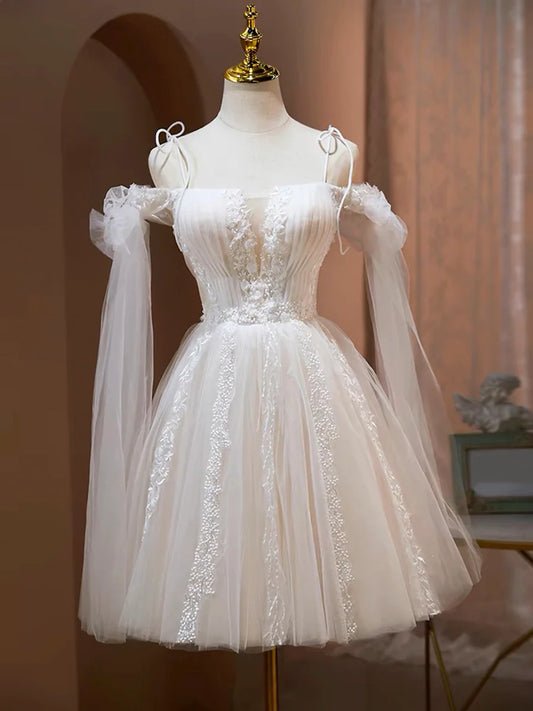 Lovely A-Line Tulle Lace Knee Length Prom Dress, Ivory Off the Shoulder Party Dress TP93