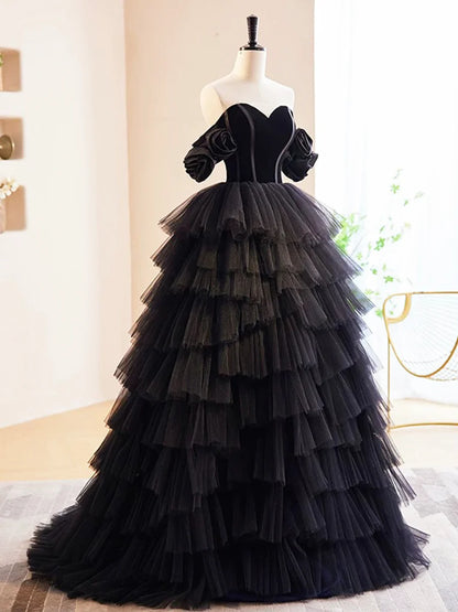 Black Velvet and Tulle Long Prom Dress, A-Line Off the Shoulder Formal Evening Dress TP94